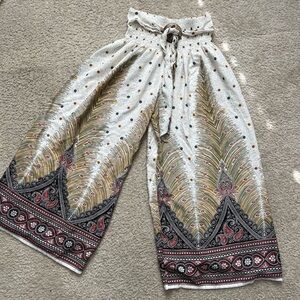 Bohemian festival hippie wide leg flowy pants peacock feather & paisley border